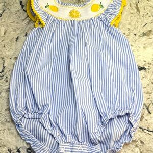 Lil’ Cactus Smocked Lemon Blue Striped Bubble Romper